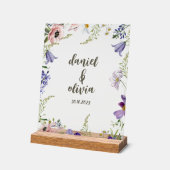 紫とクリームの縁どフローラ結婚の アクリルサイン (傾斜)