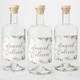 紫とクリームの縁どフローラ結婚の リキュールボトルラベル