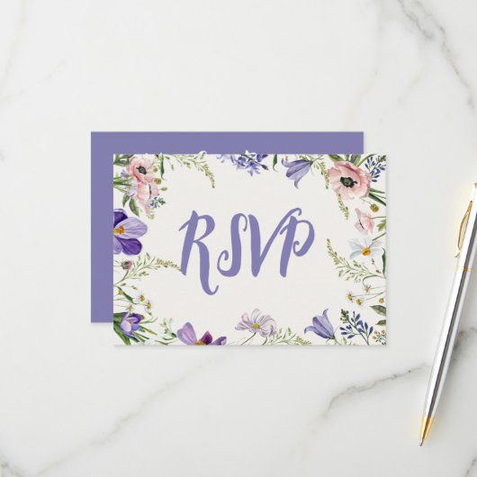 紫とクリームの縁どフローラ結婚の 出欠カード (正面/裏面インサイチュ)