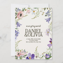 紫とクリームの縁どフローラ結婚の 招待状