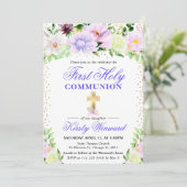 紫とクリームの花の最初の聖餐式 招待状 (スタンド正面)