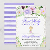 紫とクリームの花の最初の聖餐式 招待状 (正面/裏面)