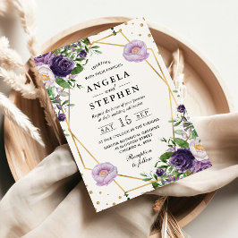 紫とクリームの花の金ゴールド結婚フレーム 招待状