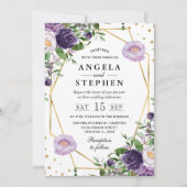 紫とクリームの花の金ゴールド結婚フレーム 招待状 (正面)