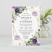紫とクリームの花の金ゴールド結婚フレーム 招待状 (スタンド正面)