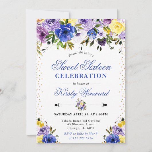 紫とクリームの花のSweet sixteen 招待状 (正面)
