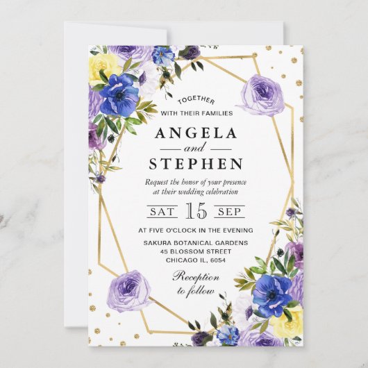 紫とクリーム夏の花金ゴールドフレーム結婚ズ 招待状 (正面)