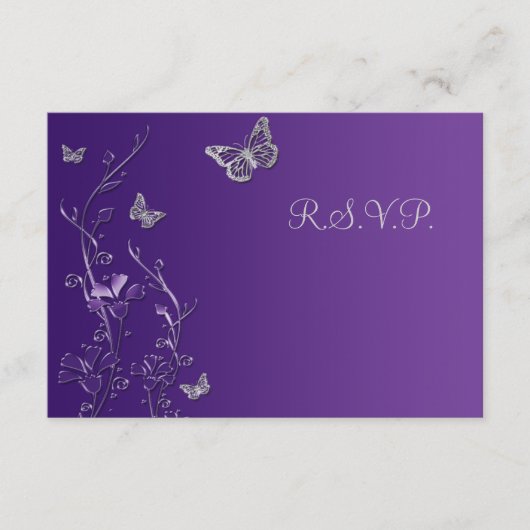 紫とグレーの花と蝶の返信カード 出欠カード (正面)