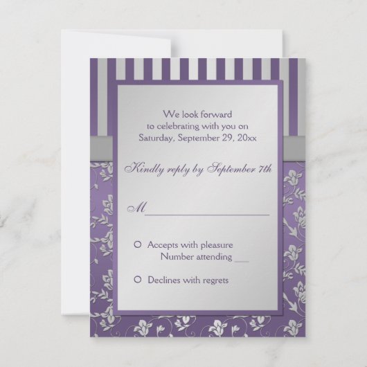 紫とグレーの花柄ストライプの返信カード 招待状 (裏面)
