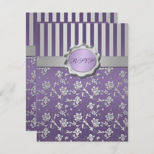 紫とグレーの花柄ストライプの返信カード 招待状 (正面/裏面)