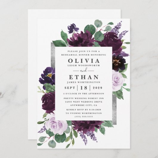 紫とグレーシルバーの水の色のリハーサルディナー 招待状 (正面/裏面)