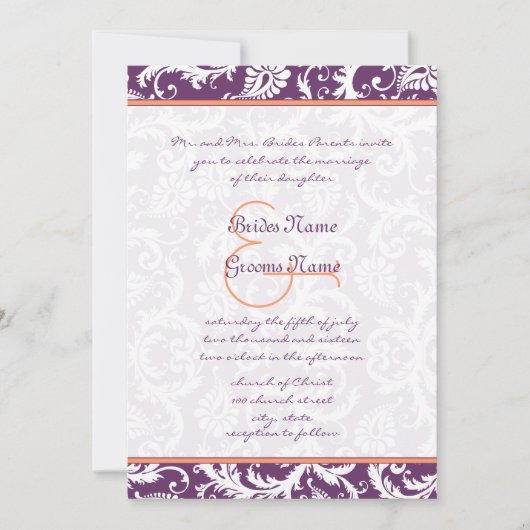 紫とコーラルダマスクスワール結婚式招待状 招待状 (正面)