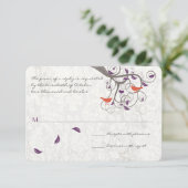 紫とコーラルツリーラブバードウェディングRSVP 出欠カード (スタンド正面)