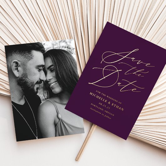 紫とゴールドのカリグラフィー写真 Save the Date 箔招待状