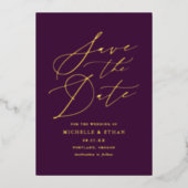 紫とゴールドのカリグラフィー写真 Save the Date 箔招待状 (正面)