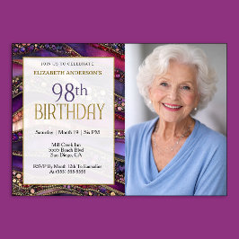 紫とゴールドの宝石のストラタ 98歳の誕生日フォト 招待状