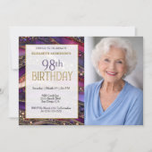 紫とゴールドの宝石のストラタ 98歳の誕生日フォト 招待状 (正面)