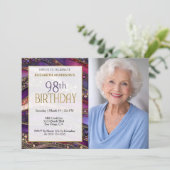 紫とゴールドの宝石のストラタ 98歳の誕生日フォト 招待状 (スタンド正面)