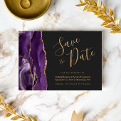 紫とゴールドの瑪瑙を使ったダークウェディングのSave the Date 招待状