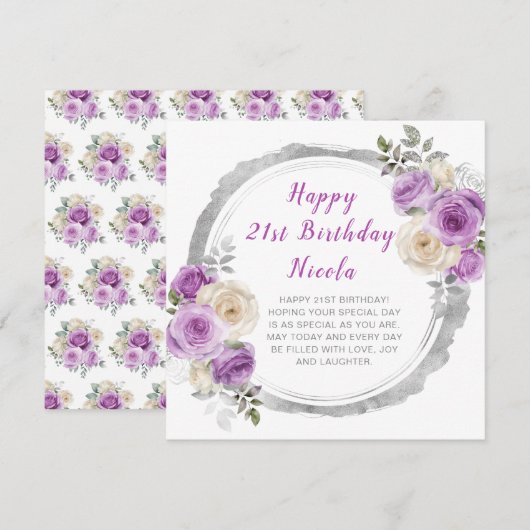 紫とシルバーのエレガントな花の誕生日 カード (正面/裏面)