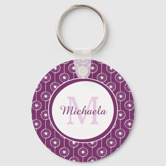 紫とスタイリッシュ白のハートモノグラムと名前 キーホルダー (正面)