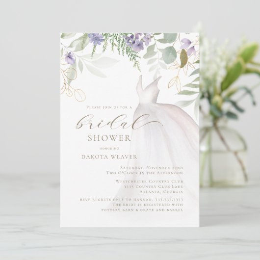 紫とセージ緑ワイルドフラワーブライダルシャワー 招待状 (スタンド正面)