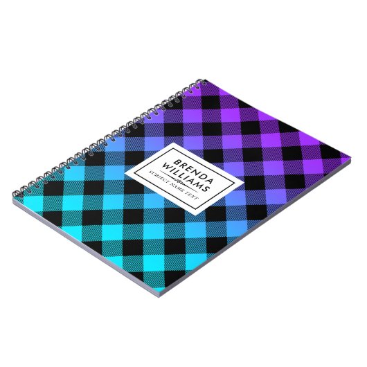 紫とターコイズに黒い格子模様グラデーション ノートブック (左側)