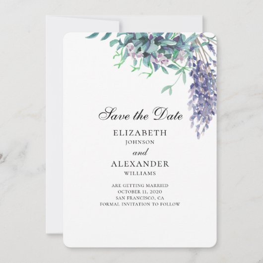 紫とターコイズのウェディング。花の保存日 招待状 (正面)