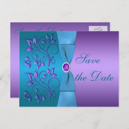 紫とターコイズのフローラ日付の保存 案内ポストカード (正面/裏面)