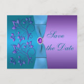 紫とターコイズのフローラ日付の保存 案内ポストカード (正面)