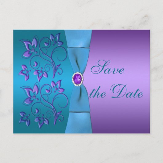 紫とターコイズのフローラ日付の保存 案内ポストカード (正面)