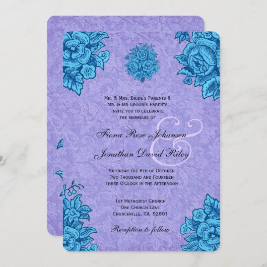 紫とターコイズのヴィンテージフ結婚ラワーズV31 招待状 (正面/裏面)