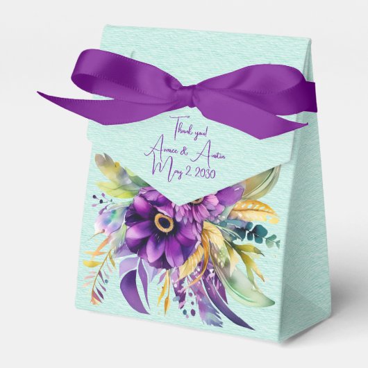 紫とターコイズの水の色の花模様結婚 フェイバーボックス (正面サイド)