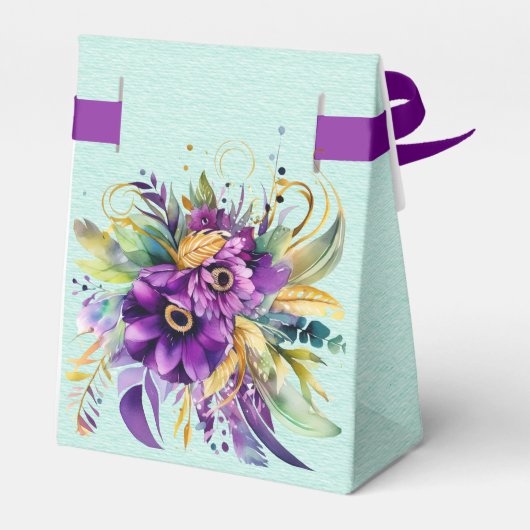 紫とターコイズの水の色の花模様結婚 フェイバーボックス (裏面サイド)