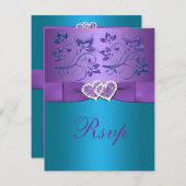 紫とターコイズの花のハートの結婚式出欠確認 出欠カード (正面/裏面)