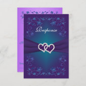 紫とターコイズの花のハートの結婚式出欠確認 招待状 (正面/裏面)