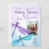 紫とターコイズトンフライバルミツワー 招待状 (正面)