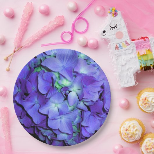 紫とティール（緑がかった色）あじさい、紫の青い花 ペーパープレート (パーティー)