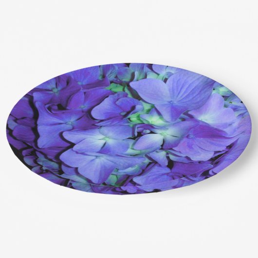 紫とティール（緑がかった色）あじさい、紫の青い花 ペーパープレート (アングル)