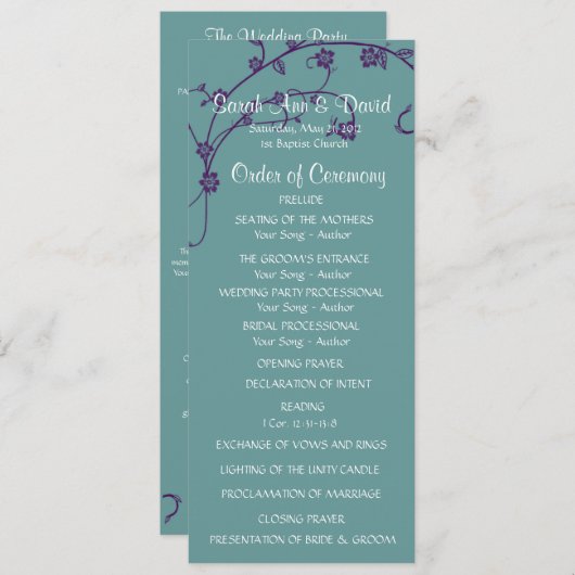 紫とティール（緑がかった色）のフローラエレガント旋回結婚式 プログラム (正面/裏面)
