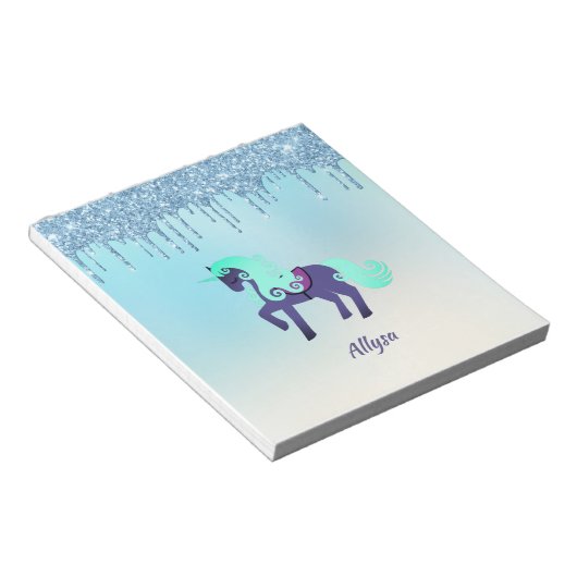 紫とティール(緑がかった色)のユニコーンと滴下フェイクグリッター ノートパッド (アングル)