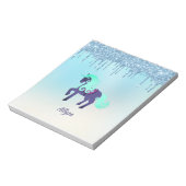 紫とティール(緑がかった色)のユニコーンと滴下フェイクグリッター ノートパッド (回転)