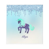 紫とティール(緑がかった色)のユニコーンと滴下フェイクグリッター ノートパッド (正面)