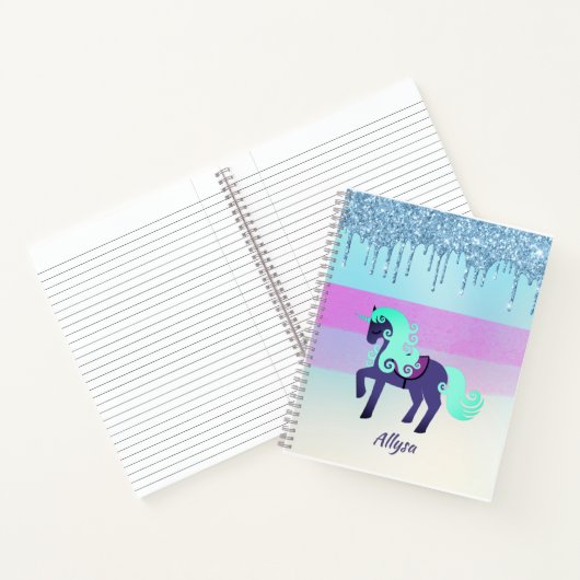 紫とティール(緑がかった色)のユニコーンと滴下フェイクグリッター ノートブック (内部)