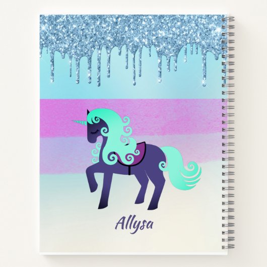 紫とティール(緑がかった色)のユニコーンと滴下フェイクグリッター ノートブック (裏面)