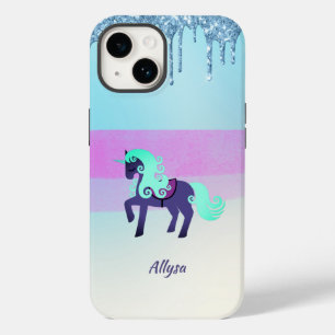 紫とティール(緑がかった色)のユニコーンと滴下フェイクグリッター Case-Mate iPhone 14ケース