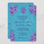 紫とティール(緑がかった色)のヴィンテージフ結婚ラワーズV33 招待状 (正面/裏面)