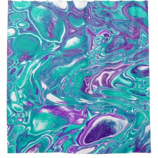 紫とティール（緑がかった色）の大理石の流体アートセル シャワーカーテン (正面)