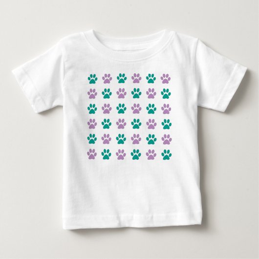 紫とティール（緑がかった色）の子犬の前刷り ベビーTシャツ (正面)