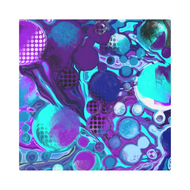 紫とティール（緑がかった色）の抽象芸術デジタルポー絵画ト メタルプリント (正面)